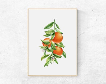 Lámina de rama de naranjo. Arte mural de naranjas. Póster de cítricos. Decoración botánica. Descarga digital.