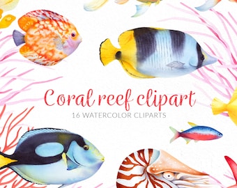 Watercolor tropical fish clipart. Coral reef clipart. Ocean fish PNG. Exotic fish. Sea animals. Commercial use.