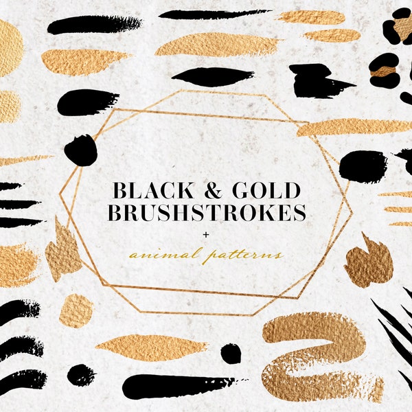 Black and gold brushstrokes clipart. Animal pattern clipart. Inkblots PNG. Black paint clipart. Design elements.