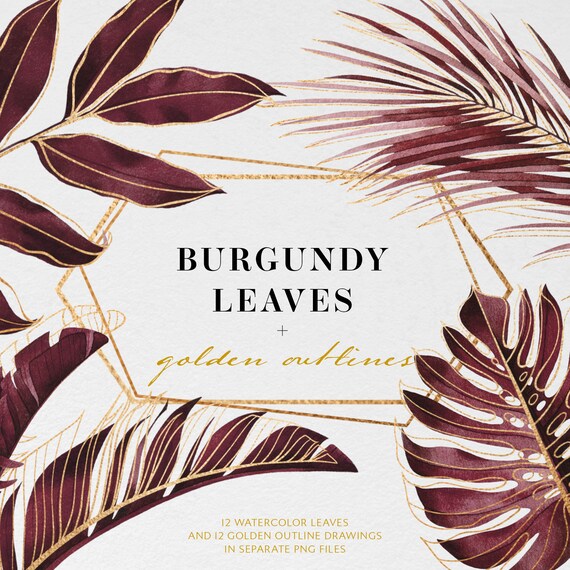 Watercolor tropical leaves. Tropical clipart. Burgundy leaves PNG. Palm tree and monstera leaves. Digital clipart. Commercial license.