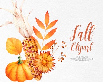 Pumpkin, corn and fall leaves clipart. Autumn arrangement png. Watercolor autumn clipart. Watercolor pumpkin PNG. Commercial use.