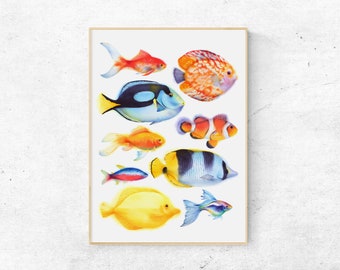 Tropical fish print. Coral reef wall art. Exotic fish poster. Sea life decor. Digital download.