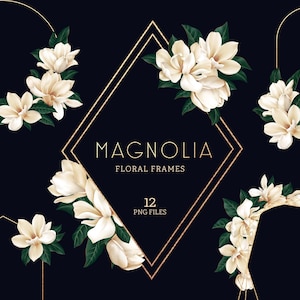 Magnolia floral frames clipart/Blossom/Wedding/White magnolia flowers and leaves PNG/Digital download/Commercial use.