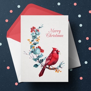 Carte de Noël. TÉLÉCHARGEMENT NUMÉRIQUE. Carte de vacances imprimable. Oiseau cardinal rouge. Cartes de voeux plates et pliées. PDF.