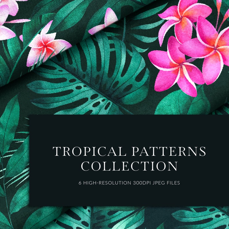 K&ouml;nnte beinhalten: Eine digitale Illustration eines tropischen Musters mit rosa Bl&uuml;ten und gr&uuml;nen Bl&auml;ttern. Der Text "TROPICAL PATTERNS COLLECTION" und "6 HIGH-RESOLUTION 300DPI JPEG FILES" wird auf einem schwarzen Hintergrund angezeigt.