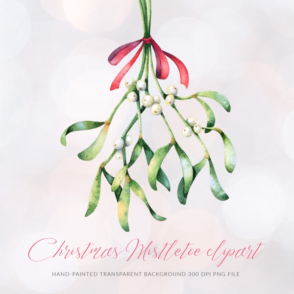 Christmas mistletoe clipart. Watercolor winter greenery PNG. Hanging mistletoe with red ribbon. Instant download.