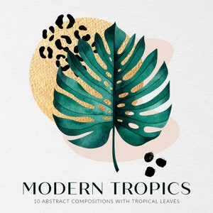 Modern tropical clipart. Abstract compositions with watercolor tropical leaves. Exotic palm tree and monstera leaves. Digital clip art.