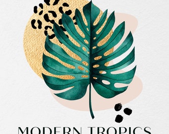 Modern tropical clipart. Abstract compositions with watercolor tropical leaves. Exotic palm tree and monstera leaves. Digital clip art.