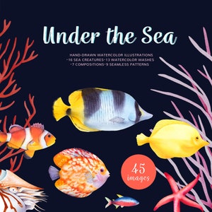 Watercolor ocean clipart. Coral reef clipart. Tropical fish png. Under the sea digital paper. Commercial use.