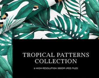 Tropical leaves digital paper. Exotic plants seamless pattern. Tropical jungles wallpaper. Watercolor palm tree leaves. Instant download.