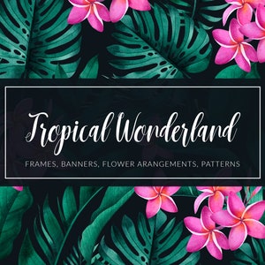 Watercolor tropical plants and flowers clipart. Exotic leaves digital paper. Tropical leaves png. Floral frames, invitations, arrangements.