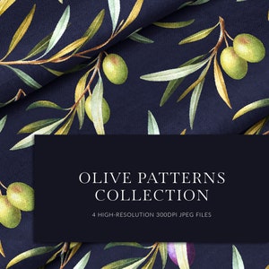 Może przedstawiać: Wzór bez szwów z gałązkami oliwnymi i zielonymi oliwkami na ciemnoniebieskim tle. Tekst "Olive Patterns Collection" i "4 High-Resolution 300DPI JPEG Files" jest wyświetlany na czarnym prostokącie.