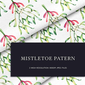Christmas digital paper. Mistletoe seamless pattern. Hanging mistletoe with red ribbon. Instant download.