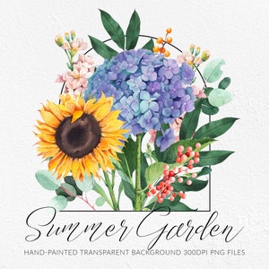 Summer flowers clipart/Watercolor florals/Sunflowers/Hydrangea/Hand-painted/Botanical/PNG/Instant download