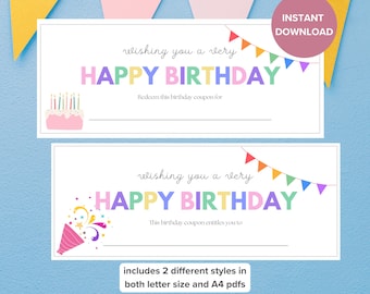 Birthday gift, Happy Birthday Coupon, Printable coupon, Birthday Gift for her, Fill-in-the-blank, DIY Birthday, Gift Voucher, Printable, A4