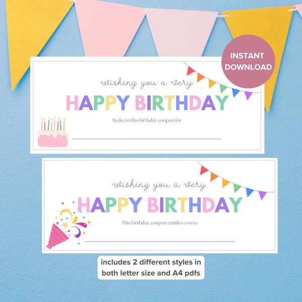 Birthday gift, Happy Birthday Coupon, Printable coupon, Birthday Gift for her, Fill-in-the-blank, DIY Birthday, Gift Voucher, Printable, A4