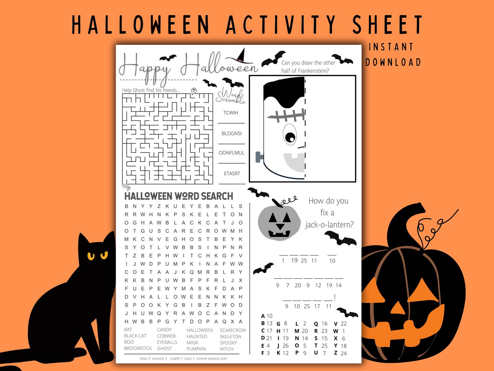 Tall Halloween activity sheet preview with word search, writing areas and small seasonal illustrations.