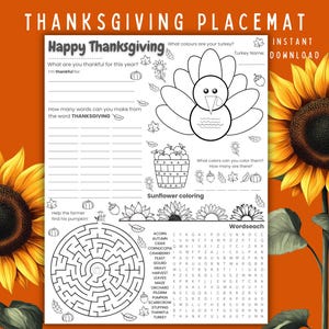 Thanksgiving Placemat Printable, Thanksgiving Activity Placemat, Kids Thanksgiving, Thanksgiving Dinner, Thanksgiving Table, Printable