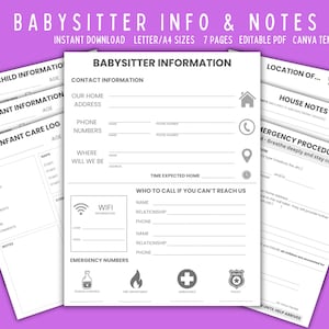 Printable Emergency Babysitter Information Sheet, Babysitter Instructions and Notes, Nanny Info, Fillable PDF, Template, Babysitting Notes