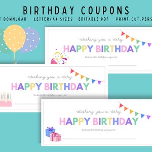 Cadeau d'anniversaire, coupons imprimables de joyeux anniversaire, cadeau d'anniversaire bricolage unique, cadeau d'anniversaire pour elle, à remplir vide, bon cadeau, A4