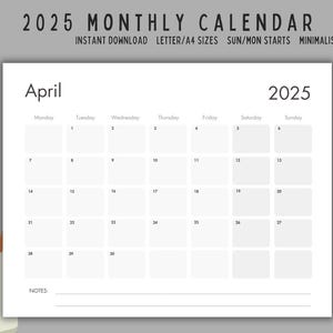 2025 Calendar 2025 Monthly Planner Landscape Elegant Monthly Calendar Sunday & Monday Start 2025 A4 Letter Size Wall Calendar PRINTABLE PDF