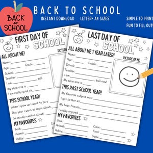 Printable first and last day of school keepsake worksheet, back to school, last day of school questionnaire, Back to school interview