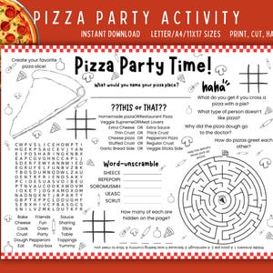 Placemat Pizzafeest | Afdrukbare kleurplaat Italiaans feest | Verjaardagsactiviteit | Pizzeria-onderlegger | Doolhof restaurantspellen