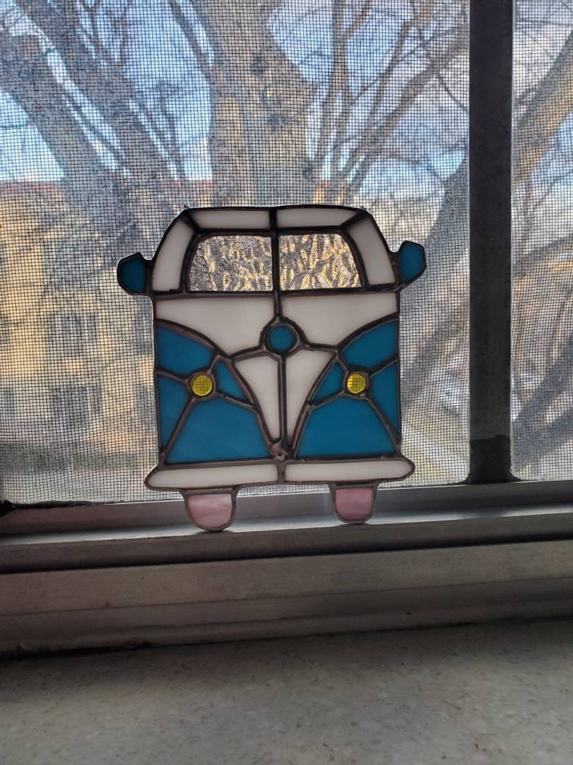 Stained Glass VW Bus Suncatcher Blue with White Trim Etsy