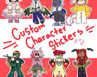 Op de afbeelding: Een verzameling van acht aangepaste karakterstickers, elk met een uniek cartoonontwerp. De stickers variëren van 3,8 tot 6,4 cm. De tekst "Custom Character Stickers" staat in het rood.