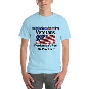 May include: Light blue t-shirt with the text "Veterans" above a waving American flag. The shirt also features the text "Freedom Isn't Free, We Paid For It" and the names of the military branches.