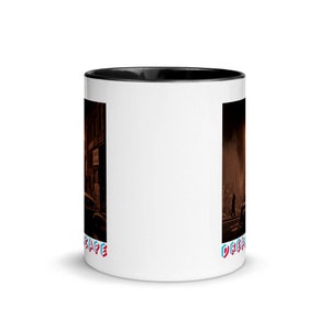 May include: White ceramic coffee mug with a black interior and a wraparound illustration. The illustration depicts a street scene with buildings and a car. The word "DREAMSCAPE" is printed in red and blue on the mug.