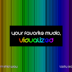 Peut inclure: Un design graphique coloré avec le texte "your favorite music, visualized" en lettres blanches sur un fond noir. L'arrière-plan est une série de lignes verticales dans des tons d'orange, jaune, vert, bleu et violet. Le texte "born this way" est en bas à gauche et "Lady Gaga" en bas à droite.