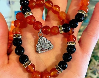 8mm Red Agate and Black Agate with Buddah Charm for Good Luck, Balance Ying Yang Energies, Increases Energy, Positive Vibes