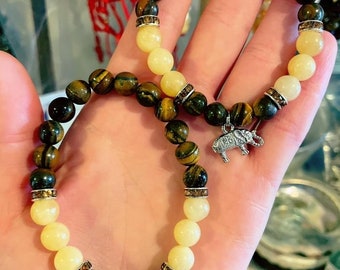 8mm Tigers Eye with Honey Jade  Elephant Charm for Protection, Prosperity, Good Luck, Opportunity, Dispelling Negativity and Joy