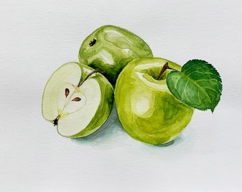 SharonFosterArt ACEO Original Apple Painting watercolor Bright Green Apple art card ACEO Farmhouse decor