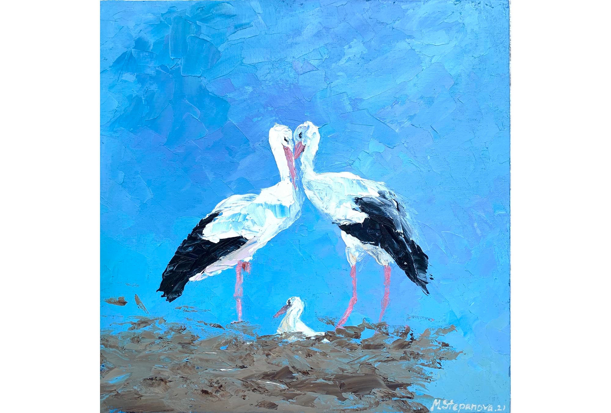 Stork Painting Bird Art Original Oil Painting Birds Family Art | Etsy