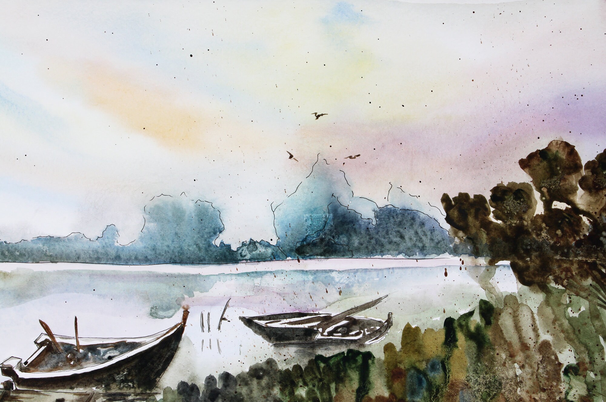 Row Boat Painting Lake Original Art Nature Wall Art Watercolor Etsy
