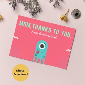 Funny Mother's Day Card Printable // Card for Mom from Kids, Colourful Monster Greeting Card, Sarcastic Card for Mama