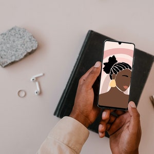 Boho Black Woman Face Portrait Abstract Minimalist Phone Wallpaper // Dark Skin Woman Phone Background, Android Phone Wallpaper, Feminist