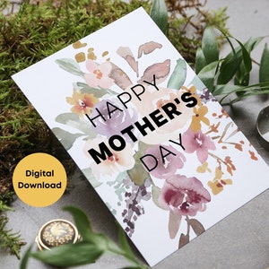 Cartão para impressão em aquarela floral para o dia das mães // Cartão em aquarela para a mãe, lindo cartão de felicitações para o dia das mães, cartão de última hora, PDF, PNG