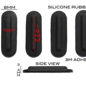 May include: Four black silicone rubber bumpers with 3M adhesive. Each bumper is 8 mm wide, 25 mm long, and 3.5 mm thick. The side view shows the 3.4 mm height of the bumper.