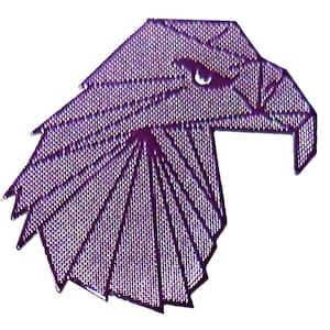 May include: A purple embroidered patch featuring a stylized eagle head design. The eagle is depicted with geometric lines and sharp angles, creating a faceted appearance. The embroidery shows a dense, textured stitch pattern throughout the shape.