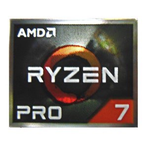 May include: A silver sticker with a black background and a red and orange circle with the text "AMD Ryzen Pro 7" in white.