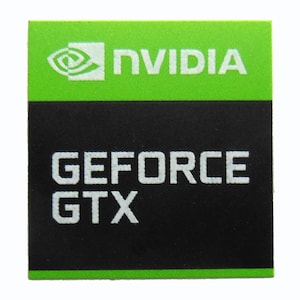 May include: A green and black sticker with the NVIDIA logo and the text "GEFORCE GTX".