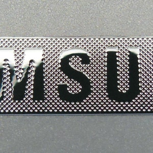 Op de afbeelding: Een zilveren metalen label met het woord "SAMSUNG" in reliëf in zwarte letters.