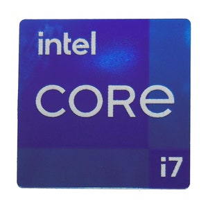 Könnte beinhalten: Ein blauer Aufkleber mit dem Text "intel CORE i7" in Weiß.