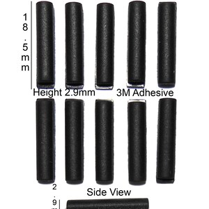 May include: Close-up of eight black rubber cylinders, each measuring 4 mm in diameter and 18.5 mm in height. The cylinders are arranged in two rows of four. The text "Silicone Rubber" and "3M Adhesive" are printed above the cylinders. The text "Height 2.9 mm" is printed below the cylinders. A side view of a single cylinder is shown below the rows of cylinders. The text "Side View" is printed above the side view. The text "2.9 mm" is printed below the side view.