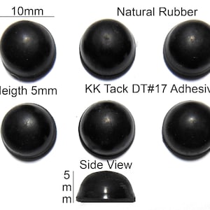 May include: Six black rubber bumpers, each measuring 10 mm in diameter and 5 mm in height. The bumpers are labeled "Natural Rubber" and "KK Tack DT#17 Adhesive". A side view of one bumper is also shown.