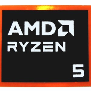 May include: A rectangular sticker with an orange border and a black interior. The white text reads "AMD RYZEN 5". The AMD logo is also white and is located to the right of the "D" in AMD.
