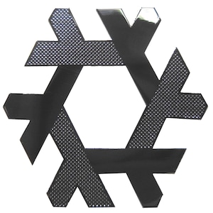 May include: A black, six-pointed star-shaped decorative item. The design features a combination of solid black sections and sections with a textured, dotted pattern. The item is set against a plain white background.